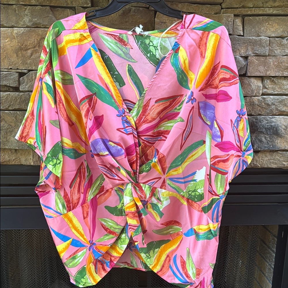 Umgee Peach Pink Tropical Floral Multicolor relaxed fit oversized silky blouse - Picture 1 of 6